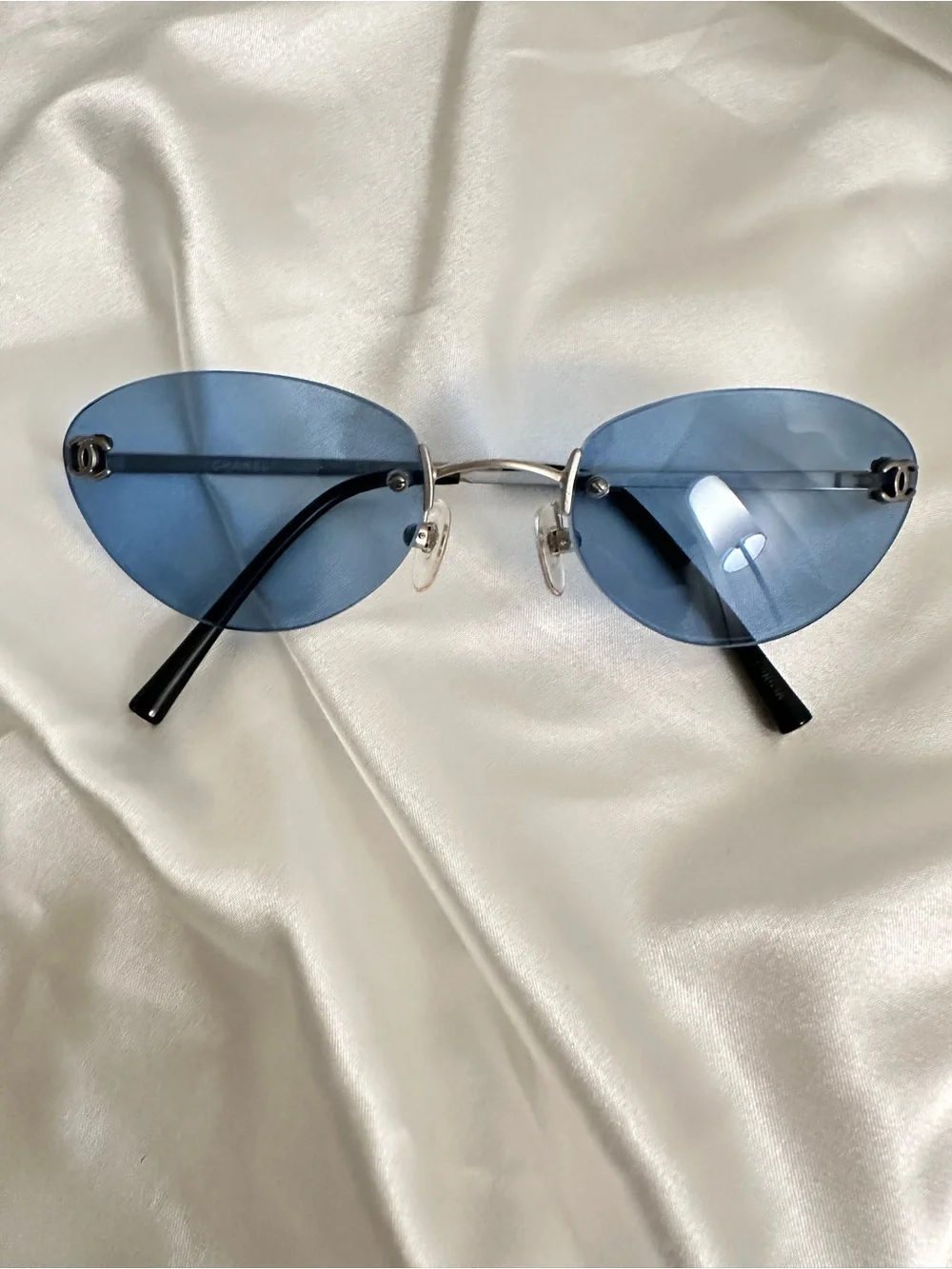 CHANEL🩵Rimless Oval Sunglasses - Blue Lenses with Silver Accents #104